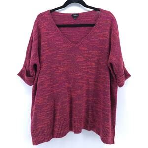 Torrid Boho Chic Vibrant Marled Maroon V-Neck Cuffed Short-Sleeve Sweater 14/16